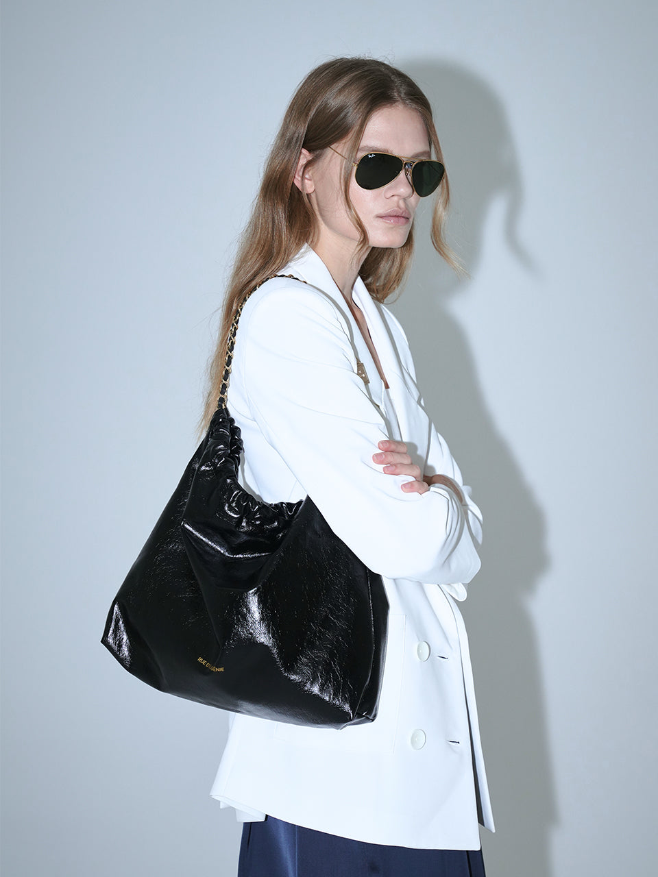 [20K Gold Chain] Synthetic Leather Small Hobo Bag - Black
