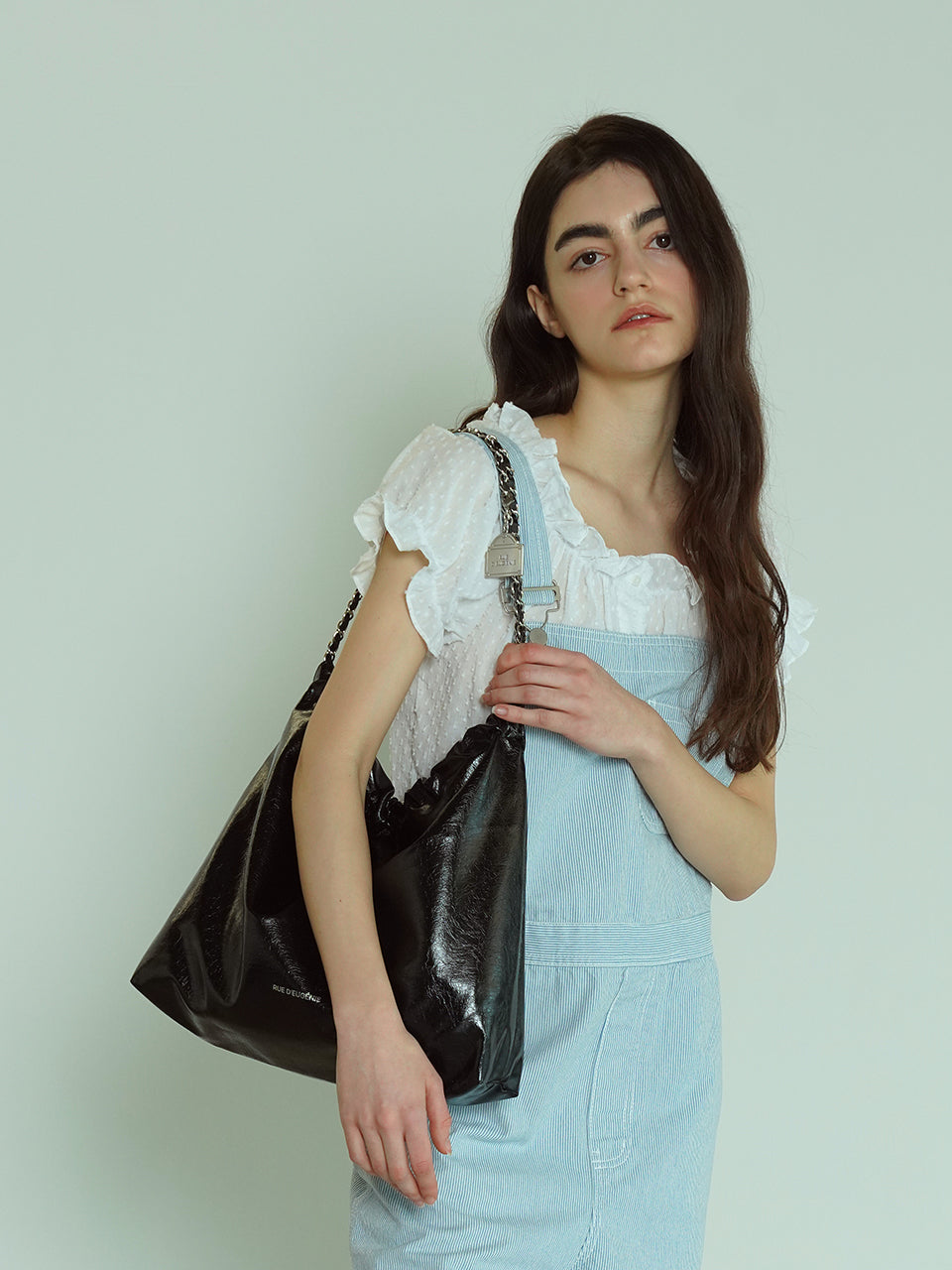 [Silver Chain] Synthetic Leather Small Hobo Bag - Black