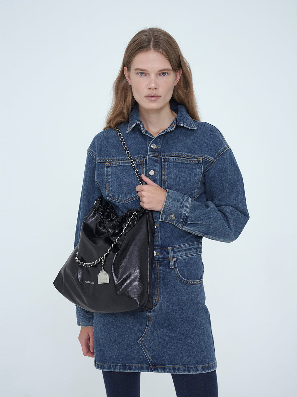 [Silver Chain] Synthetic Leather Small Hobo Bag - Black