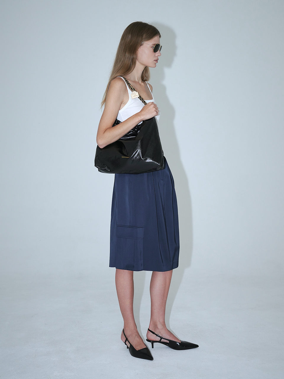 [20K Gold Chain] Synthetic Leather Small Hobo Bag - Black