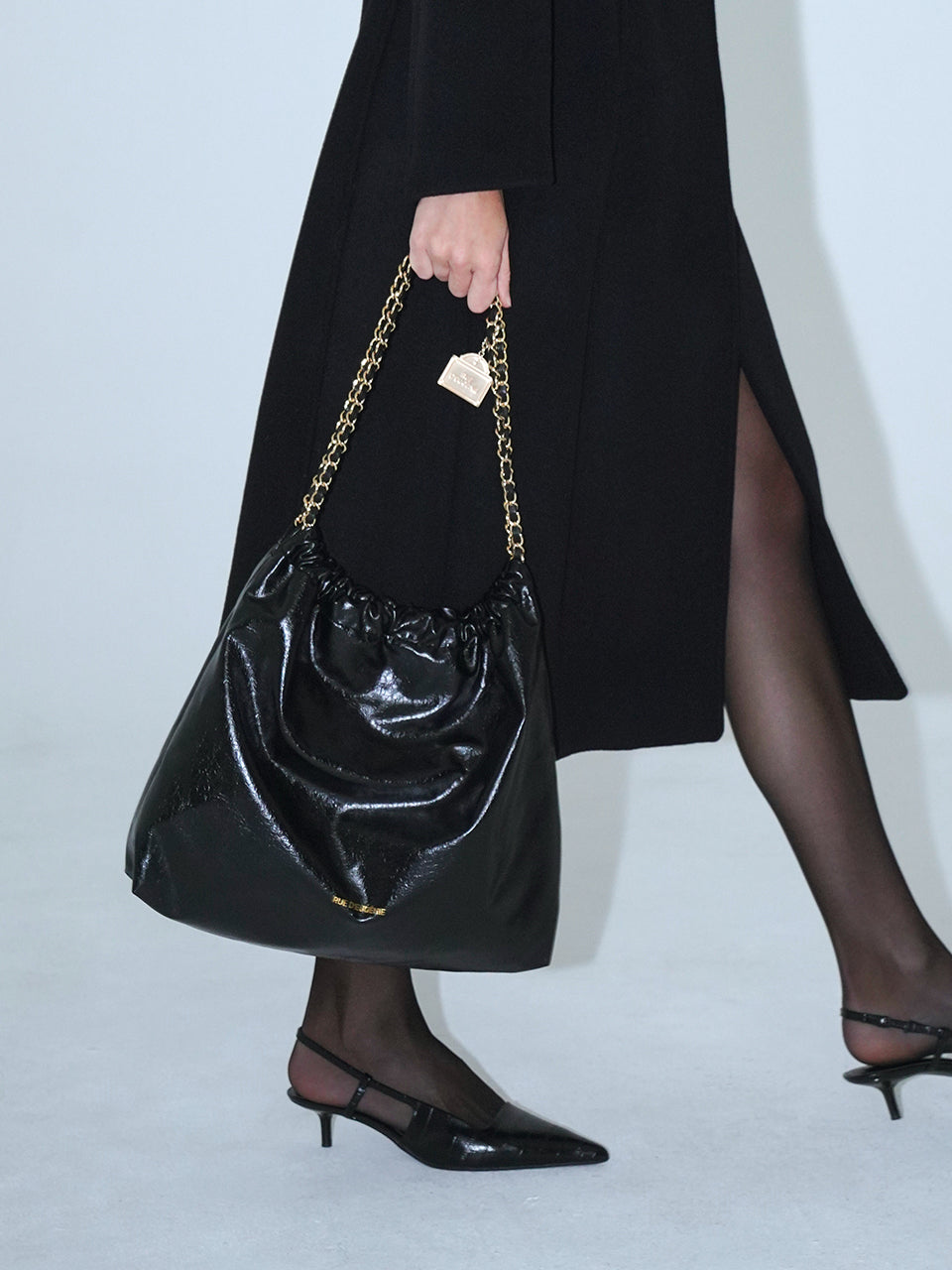[20K Gold Chain] Synthetic Leather Small Hobo Bag - Black