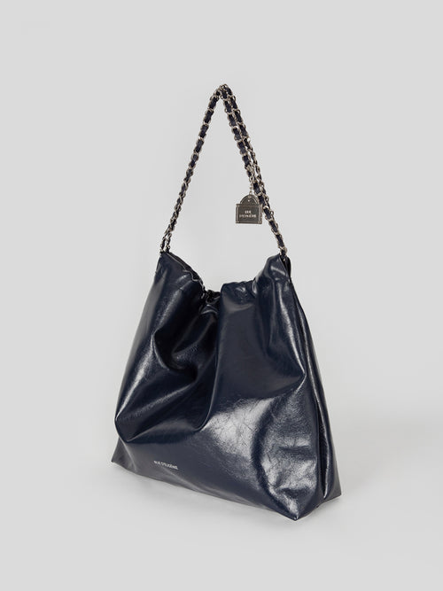 [Silver Chain] Synthetic Leather Small Hobo Bag - Navy