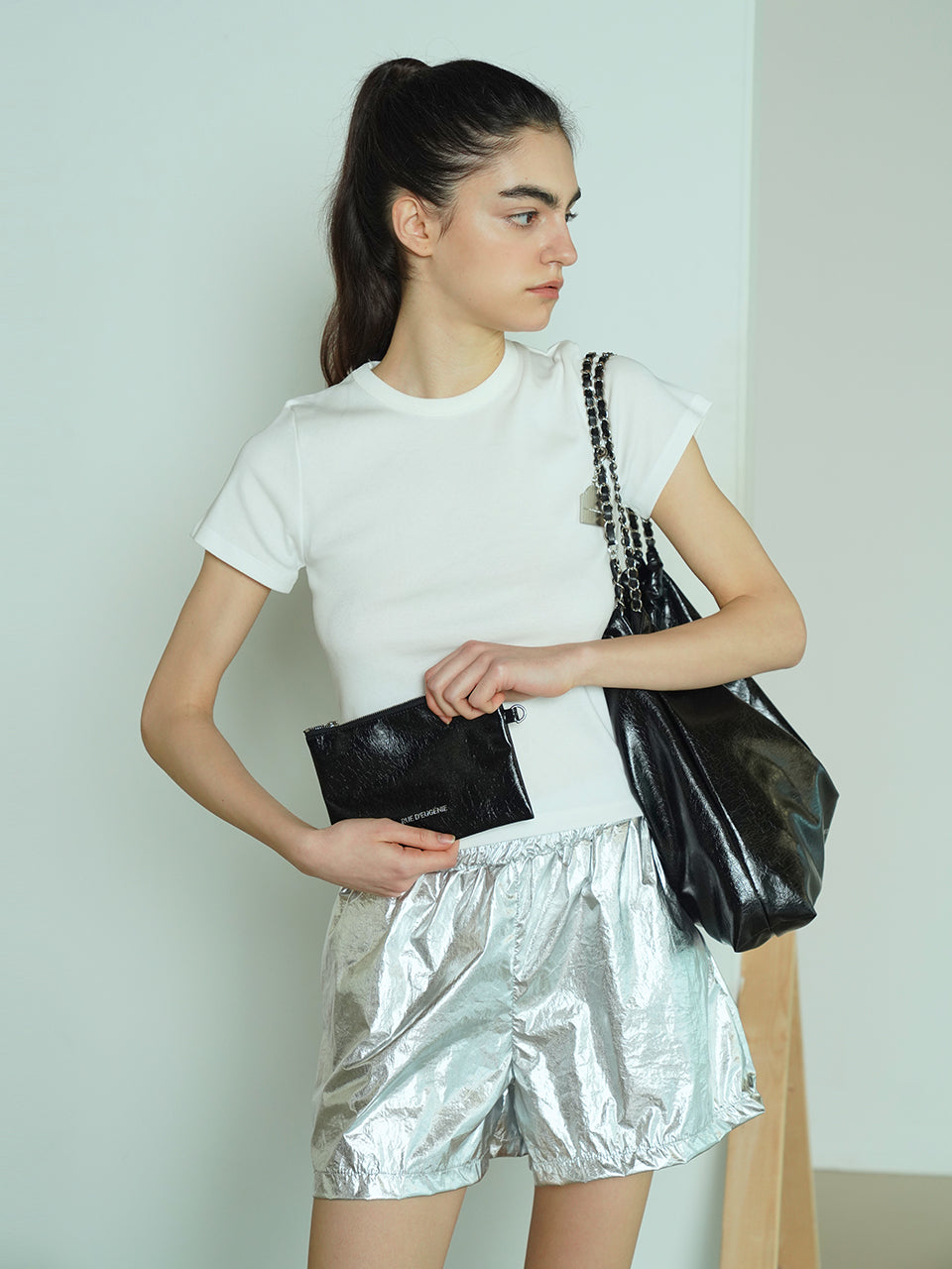 [Silver Chain] Synthetic Leather Small Hobo Bag - Black