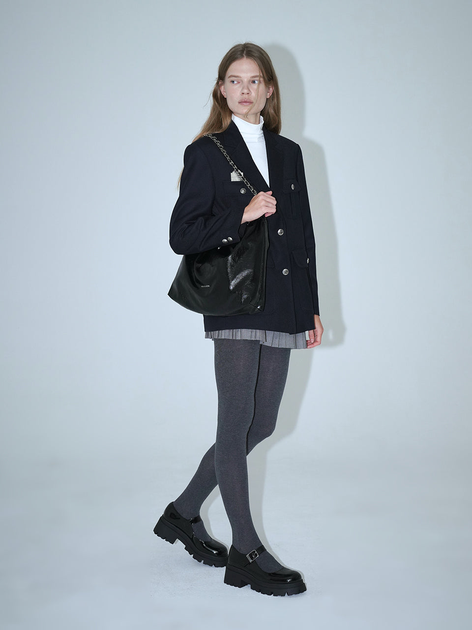 [Silver Chain] Synthetic Leather Small Hobo Bag - Black